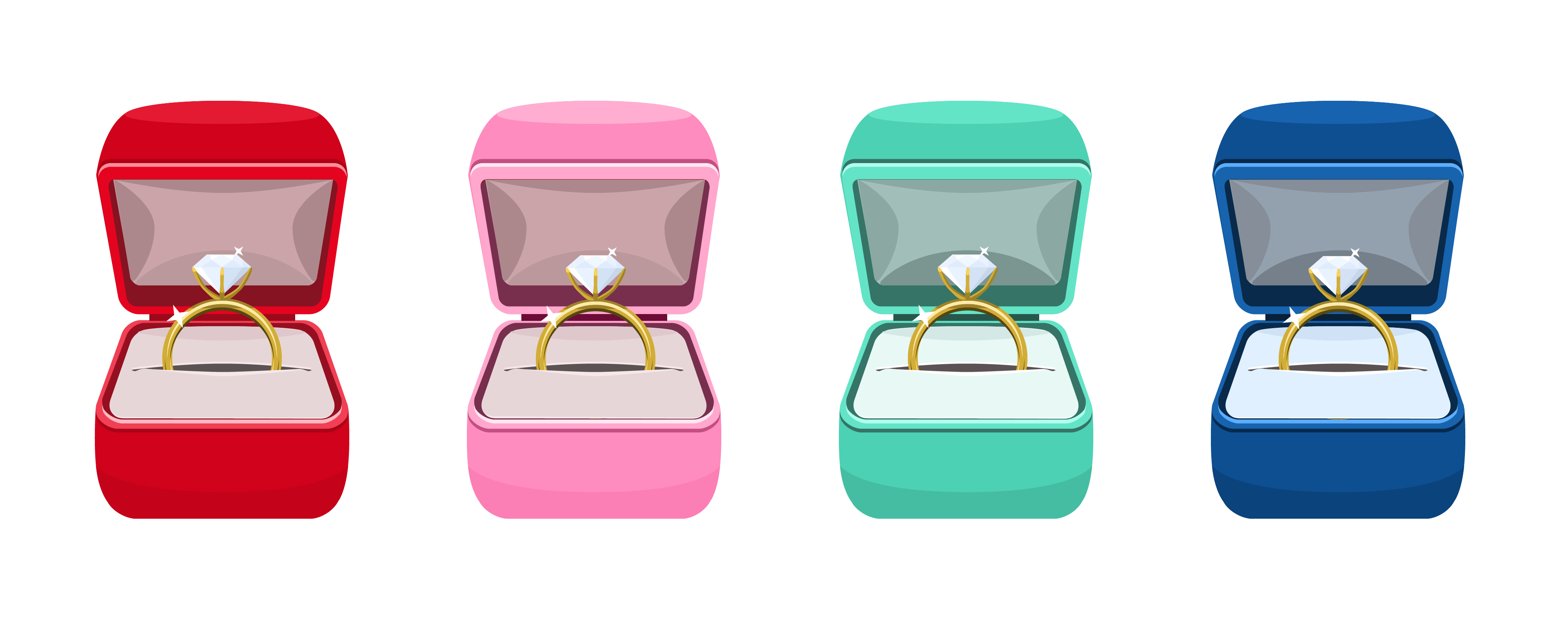 Cuatro anillos de matrimonio en cajas de distintos colores