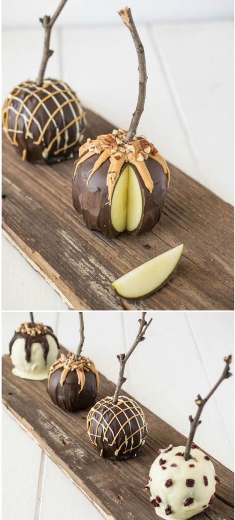 Manzanas bañadas en chocolate con una rama para sostenerse en la mano